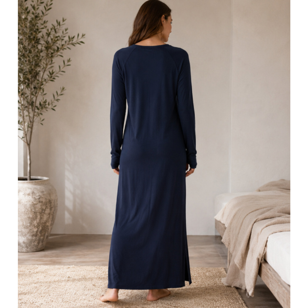 Dagsmejan Navy NATTWARM Merino Wool Lyocell Maxi Sleep Dress Sz L Luxury Lounge - Picture 5 of 11
